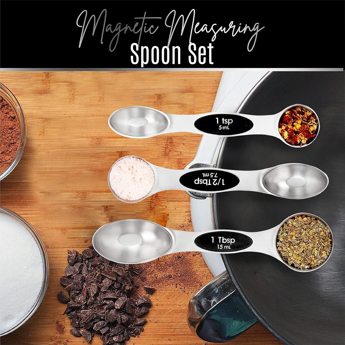 Stainless Steel Magnetic Measuring Spoons Set – 9 Pieces Dual-Sided Stackable Magnetic Teaspoons and Tablespoons for Dry & Liquid Ingredients – Kitchen Gadgets for Baking & Cooking – Black