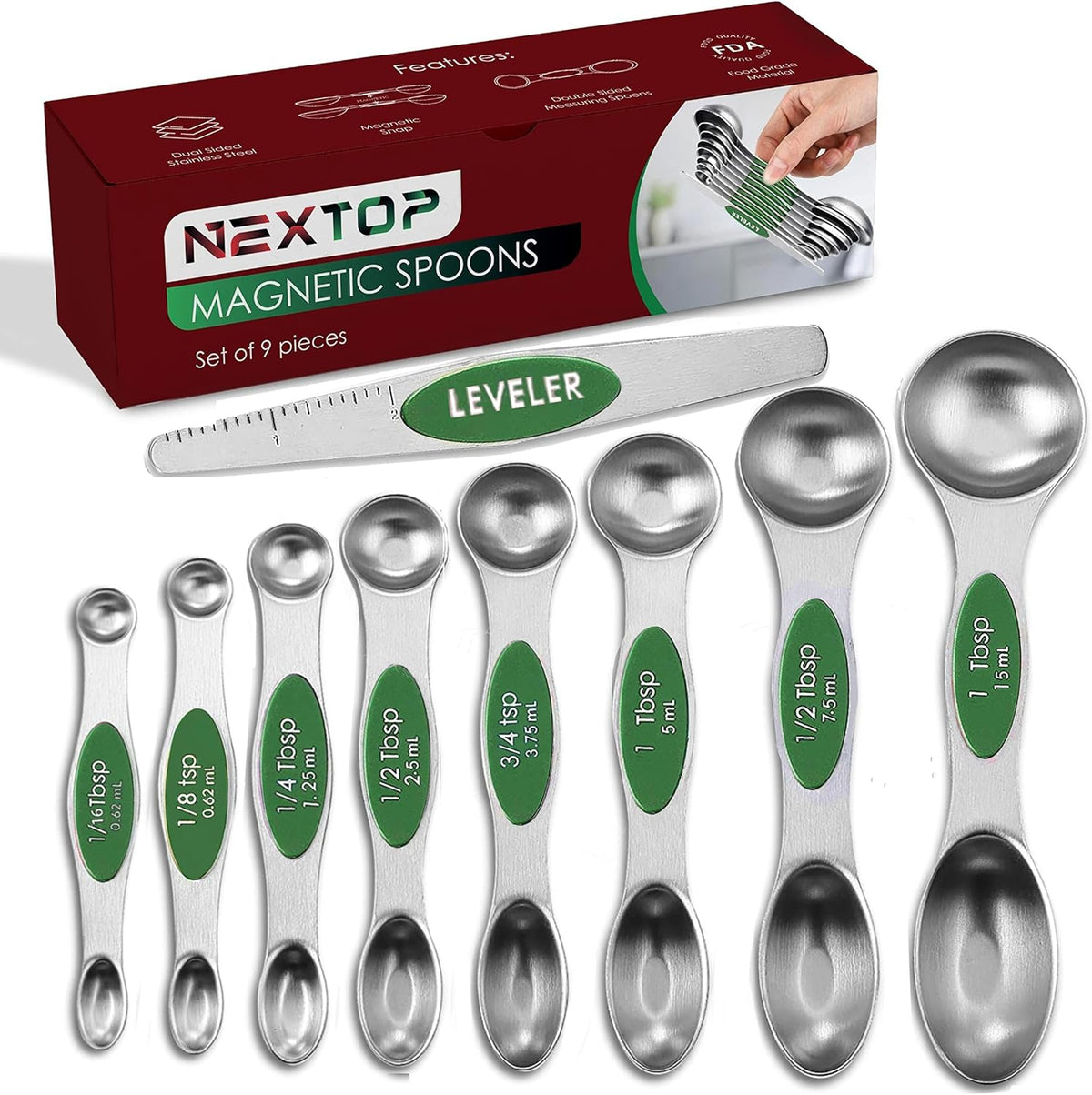Stainless Steel Magnetic Measuring Spoons Set – 9 Pieces Dual-Sided Stackable Magnetic Teaspoons and Tablespoons for Dry & Liquid Ingredients – Kitchen Gadgets for Baking & Cooking – Black