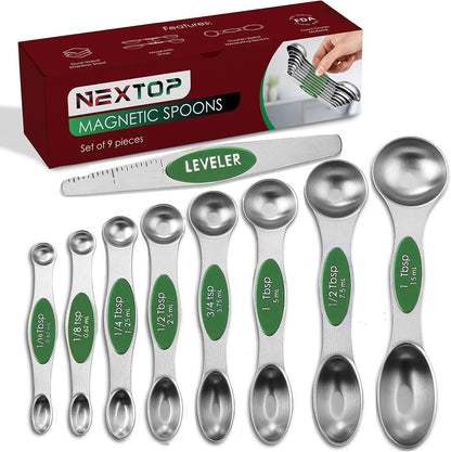 Stainless Steel Magnetic Measuring Spoons Set – 9 Pieces Dual-Sided Stackable Magnetic Teaspoons and Tablespoons for Dry & Liquid Ingredients – Kitchen Gadgets for Baking & Cooking – Black