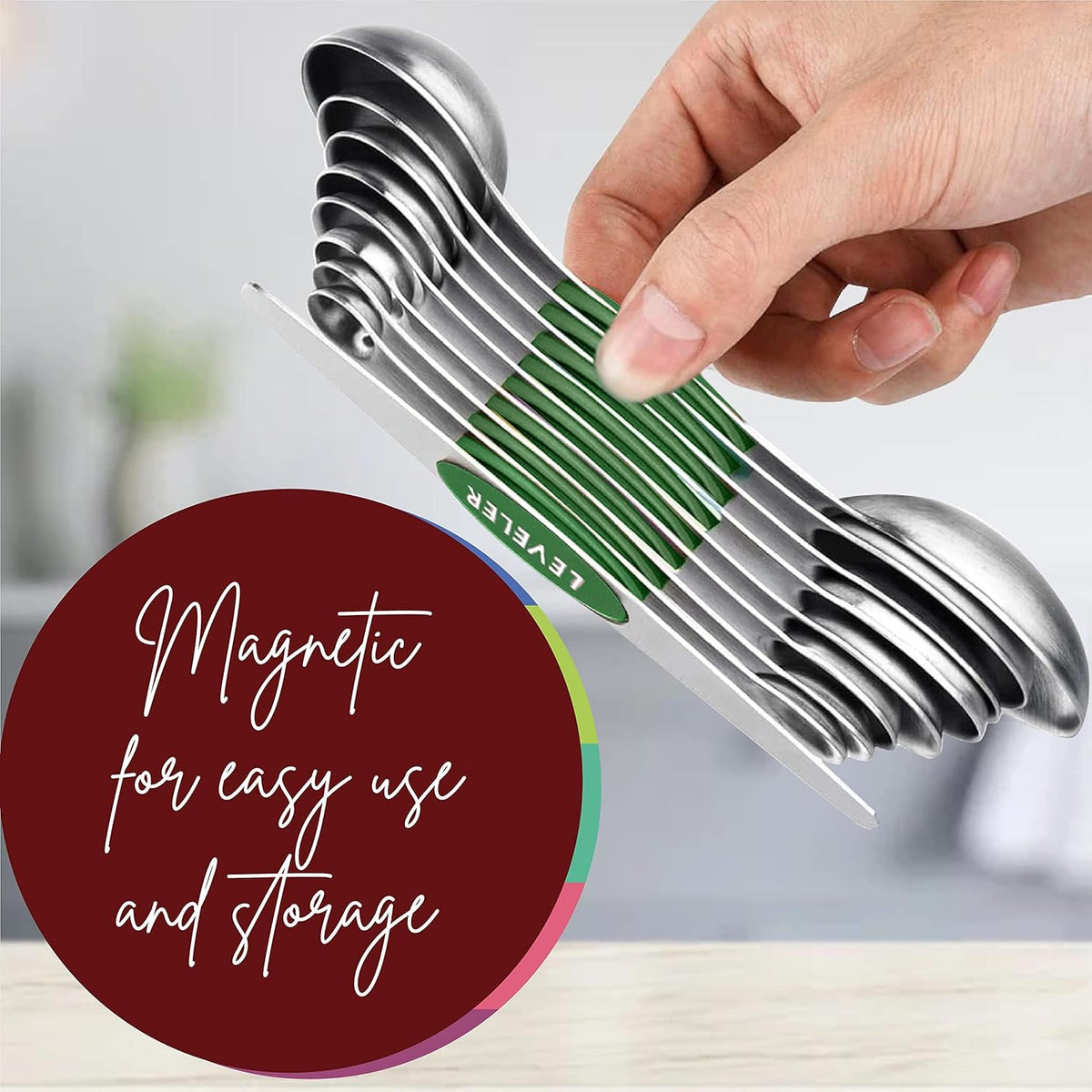 Stainless Steel Magnetic Measuring Spoons Set – 9 Pieces Dual-Sided Stackable Magnetic Teaspoons and Tablespoons for Dry & Liquid Ingredients – Kitchen Gadgets for Baking & Cooking – Black