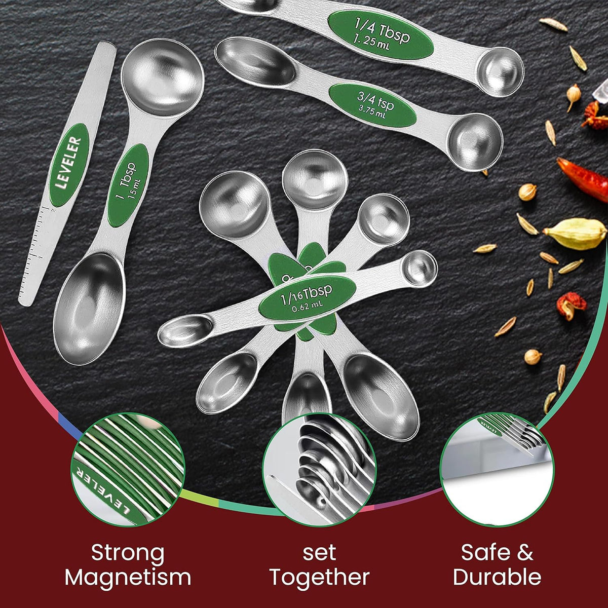 Stainless Steel Magnetic Measuring Spoons Set – 9 Pieces Dual-Sided Stackable Magnetic Teaspoons and Tablespoons for Dry & Liquid Ingredients – Kitchen Gadgets for Baking & Cooking – Black