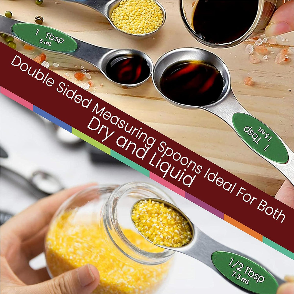 Stainless Steel Magnetic Measuring Spoons Set – 9 Pieces Dual-Sided Stackable Magnetic Teaspoons and Tablespoons for Dry & Liquid Ingredients – Kitchen Gadgets for Baking & Cooking – Black