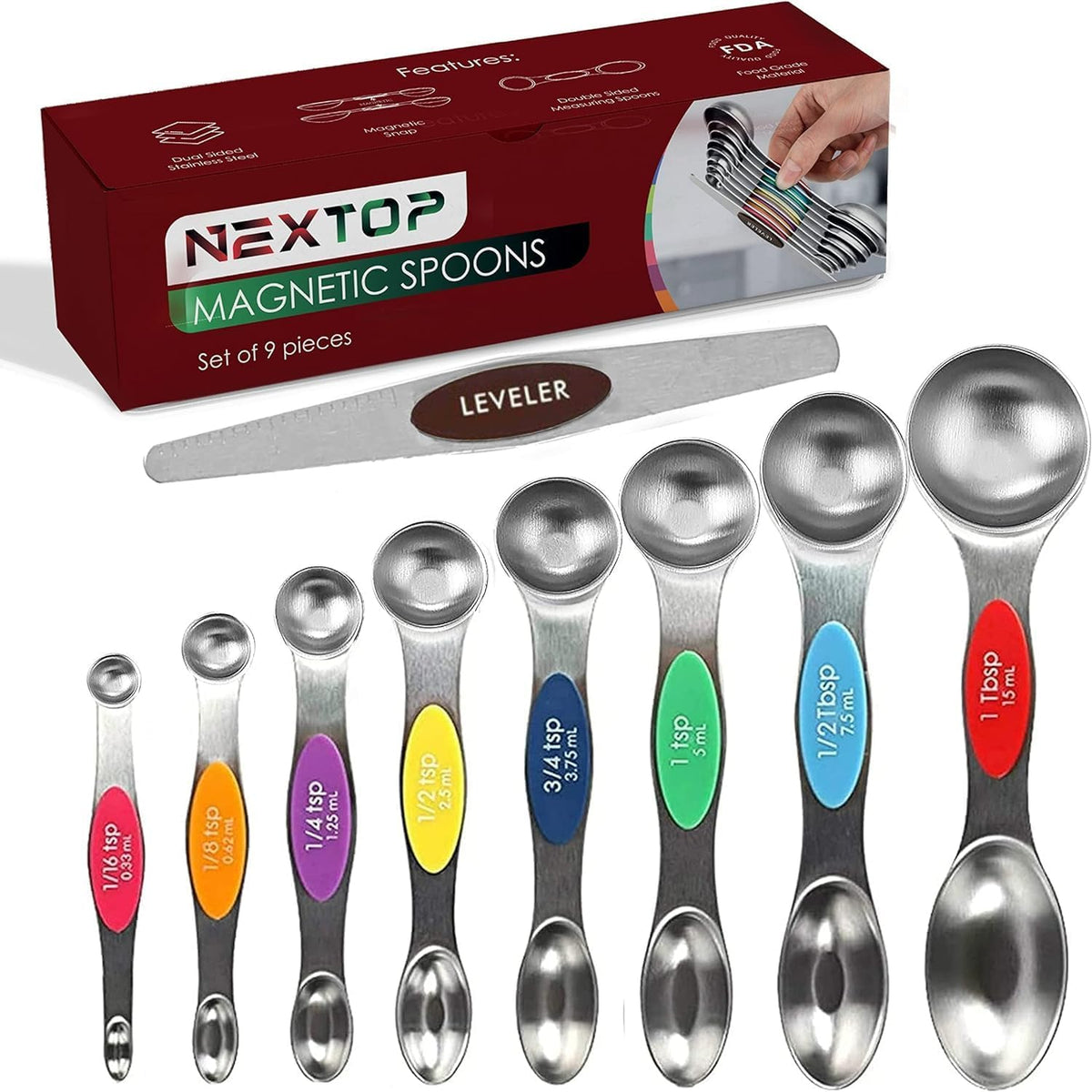 Stainless Steel Magnetic Measuring Spoons Set – 9 Pieces Dual-Sided Stackable Magnetic Teaspoons and Tablespoons for Dry & Liquid Ingredients – Kitchen Gadgets for Baking & Cooking – Black
