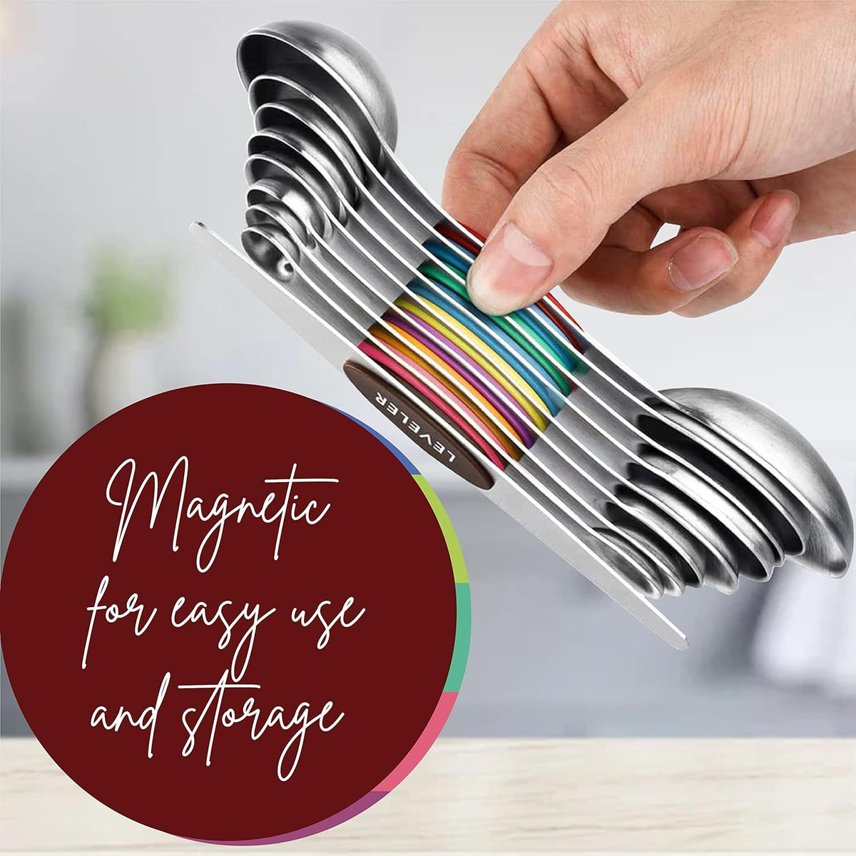 Stainless Steel Magnetic Measuring Spoons Set – 9 Pieces Dual-Sided Stackable Magnetic Teaspoons and Tablespoons for Dry & Liquid Ingredients – Kitchen Gadgets for Baking & Cooking – Black