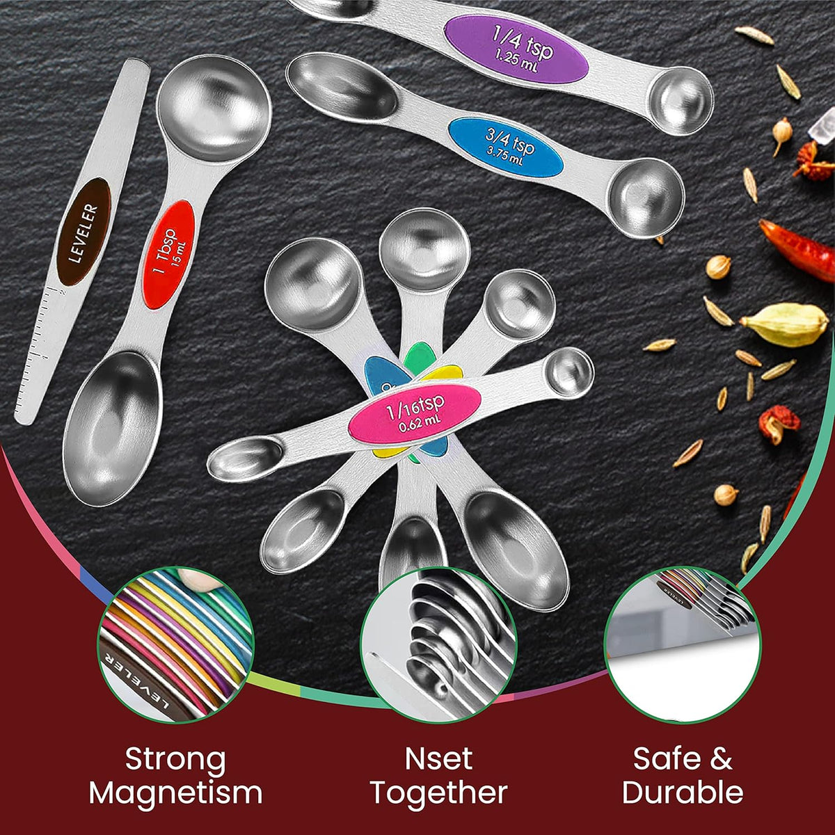 Stainless Steel Magnetic Measuring Spoons Set – 9 Pieces Dual-Sided Stackable Magnetic Teaspoons and Tablespoons for Dry & Liquid Ingredients – Kitchen Gadgets for Baking & Cooking – Black