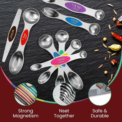 Stainless Steel Magnetic Measuring Spoons Set – 9 Pieces Dual-Sided Stackable Magnetic Teaspoons and Tablespoons for Dry & Liquid Ingredients – Kitchen Gadgets for Baking & Cooking – Black