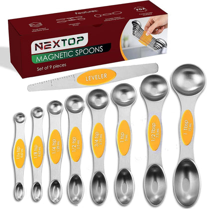 Stainless Steel Magnetic Measuring Spoons Set – 9 Pieces Dual-Sided Stackable Magnetic Teaspoons and Tablespoons for Dry & Liquid Ingredients – Kitchen Gadgets for Baking & Cooking – Black