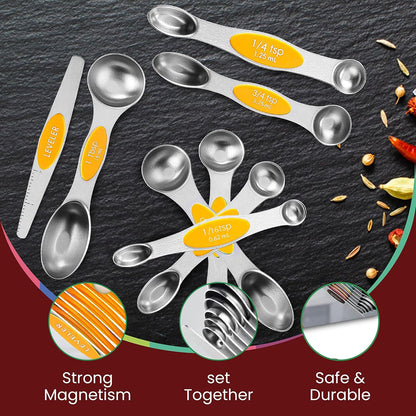 Stainless Steel Magnetic Measuring Spoons Set – 9 Pieces Dual-Sided Stackable Magnetic Teaspoons and Tablespoons for Dry & Liquid Ingredients – Kitchen Gadgets for Baking & Cooking – Black