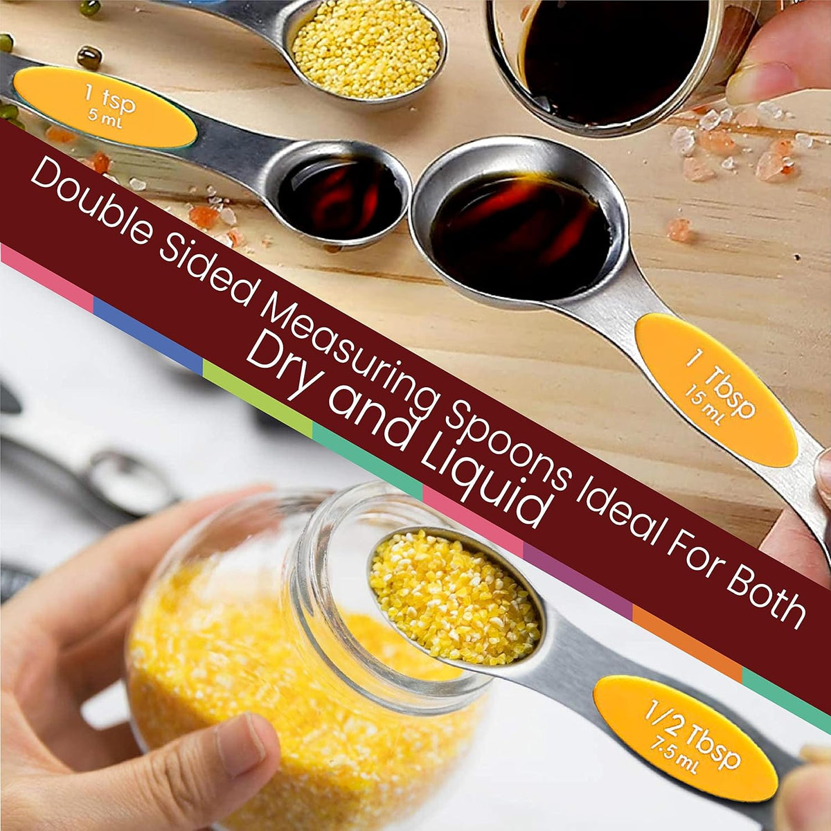 Stainless Steel Magnetic Measuring Spoons Set – 9 Pieces Dual-Sided Stackable Magnetic Teaspoons and Tablespoons for Dry & Liquid Ingredients – Kitchen Gadgets for Baking & Cooking – Black