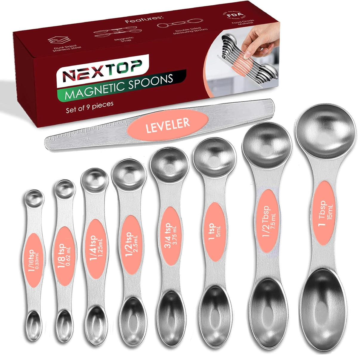 Stainless Steel Magnetic Measuring Spoons Set – 9 Pieces Dual-Sided Stackable Magnetic Teaspoons and Tablespoons for Dry & Liquid Ingredients – Kitchen Gadgets for Baking & Cooking – Black
