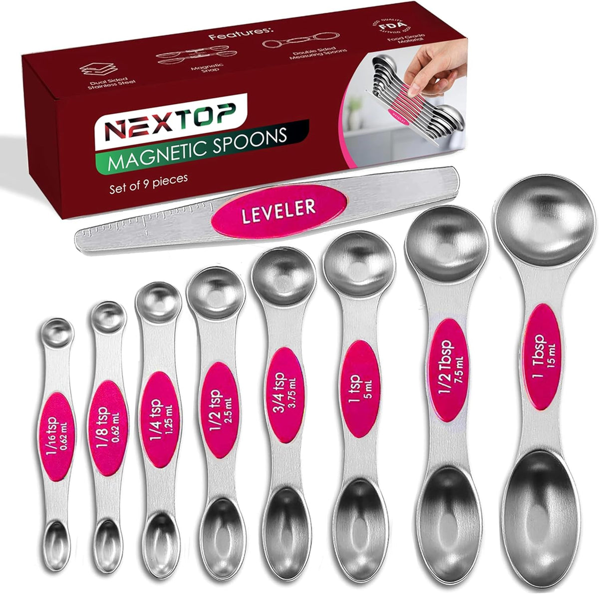 Stainless Steel Magnetic Measuring Spoons Set – 9 Pieces Dual-Sided Stackable Magnetic Teaspoons and Tablespoons for Dry & Liquid Ingredients – Kitchen Gadgets for Baking & Cooking – Black
