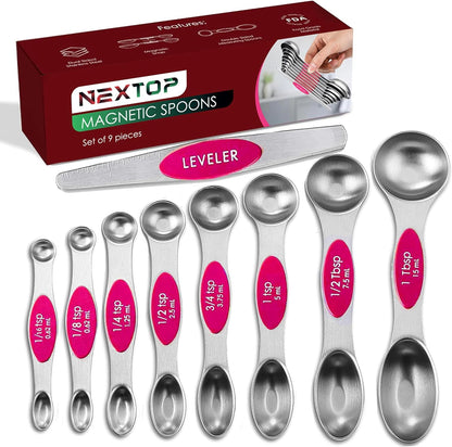 Stainless Steel Magnetic Measuring Spoons Set – 9 Pieces Dual-Sided Stackable Magnetic Teaspoons and Tablespoons for Dry & Liquid Ingredients – Kitchen Gadgets for Baking & Cooking – Black