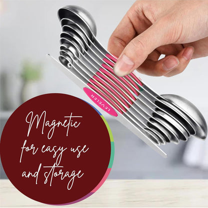 Stainless Steel Magnetic Measuring Spoons Set – 9 Pieces Dual-Sided Stackable Magnetic Teaspoons and Tablespoons for Dry & Liquid Ingredients – Kitchen Gadgets for Baking & Cooking – Black