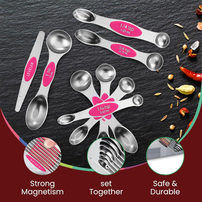 Stainless Steel Magnetic Measuring Spoons Set – 9 Pieces Dual-Sided Stackable Magnetic Teaspoons and Tablespoons for Dry & Liquid Ingredients – Kitchen Gadgets for Baking & Cooking – Black