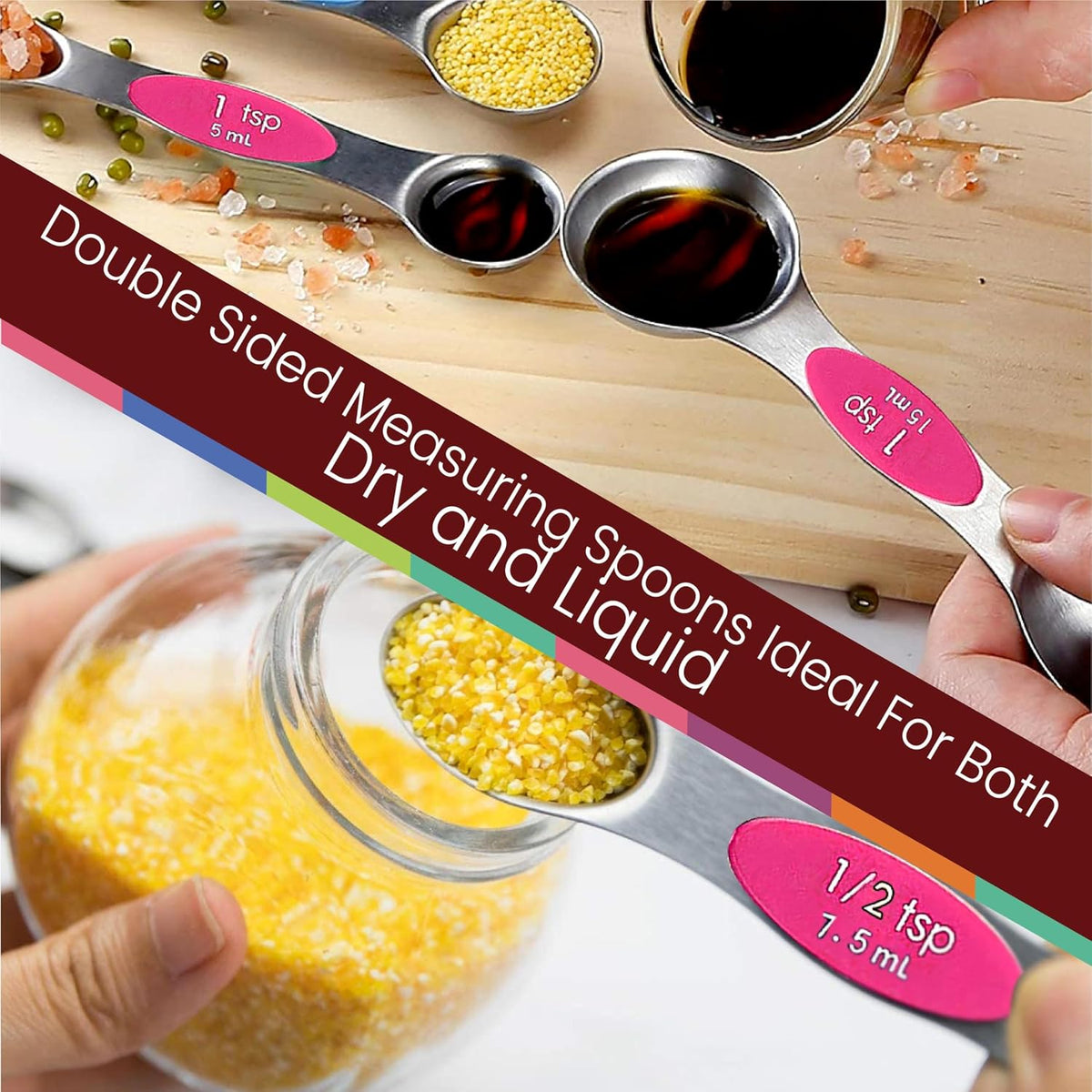 Stainless Steel Magnetic Measuring Spoons Set – 9 Pieces Dual-Sided Stackable Magnetic Teaspoons and Tablespoons for Dry & Liquid Ingredients – Kitchen Gadgets for Baking & Cooking – Black