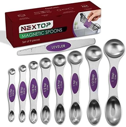 Stainless Steel Magnetic Measuring Spoons Set – 9 Pieces Dual-Sided Stackable Magnetic Teaspoons and Tablespoons for Dry & Liquid Ingredients – Kitchen Gadgets for Baking & Cooking – Black