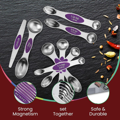 Stainless Steel Magnetic Measuring Spoons Set – 9 Pieces Dual-Sided Stackable Magnetic Teaspoons and Tablespoons for Dry & Liquid Ingredients – Kitchen Gadgets for Baking & Cooking – Black