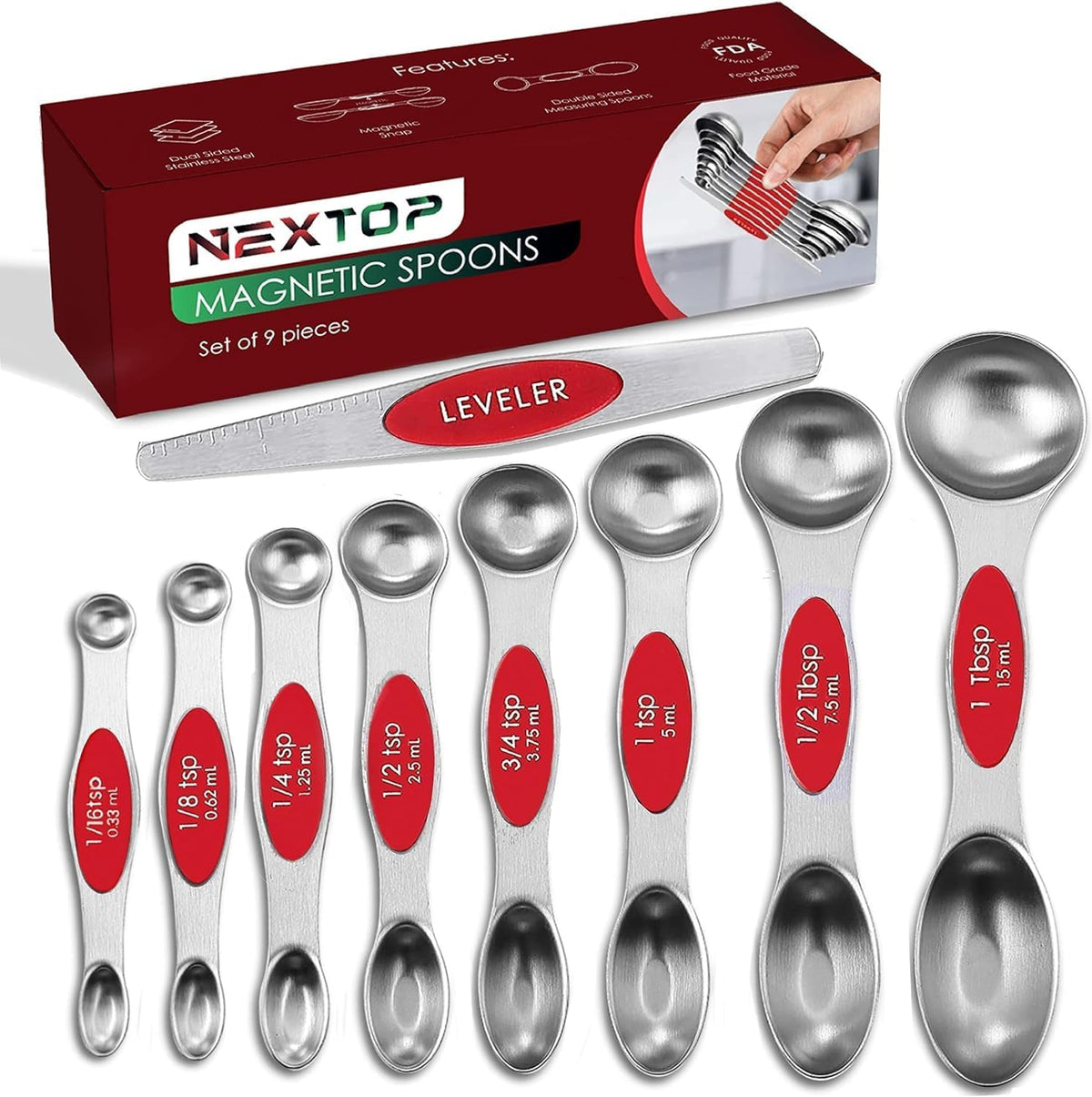Stainless Steel Magnetic Measuring Spoons Set – 9 Pieces Dual-Sided Stackable Magnetic Teaspoons and Tablespoons for Dry & Liquid Ingredients – Kitchen Gadgets for Baking & Cooking – Black