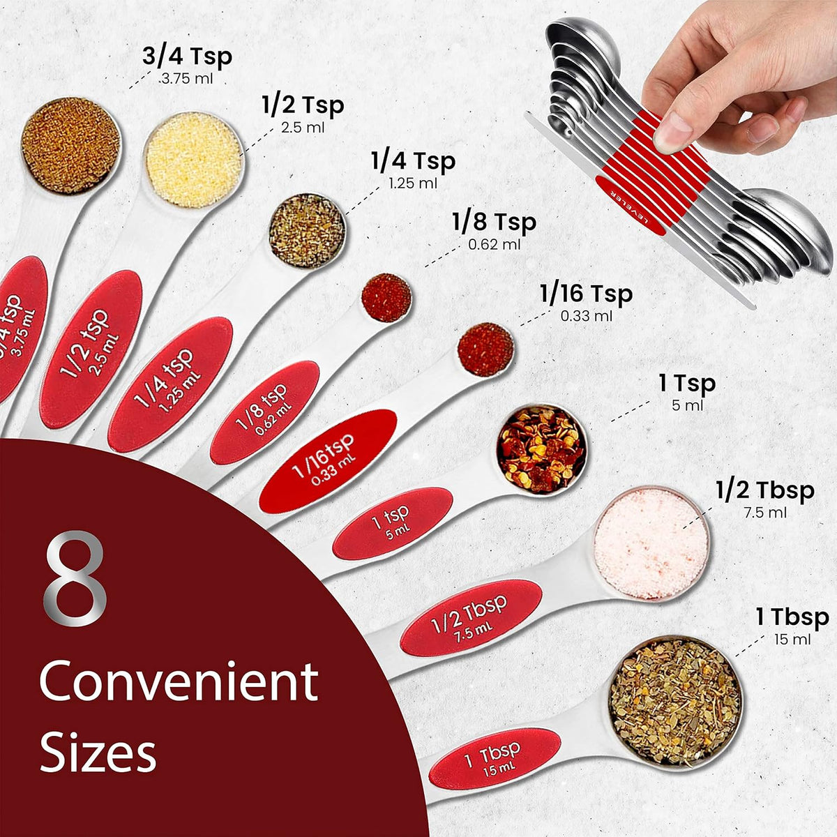 Stainless Steel Magnetic Measuring Spoons Set – 9 Pieces Dual-Sided Stackable Magnetic Teaspoons and Tablespoons for Dry & Liquid Ingredients – Kitchen Gadgets for Baking & Cooking – Black