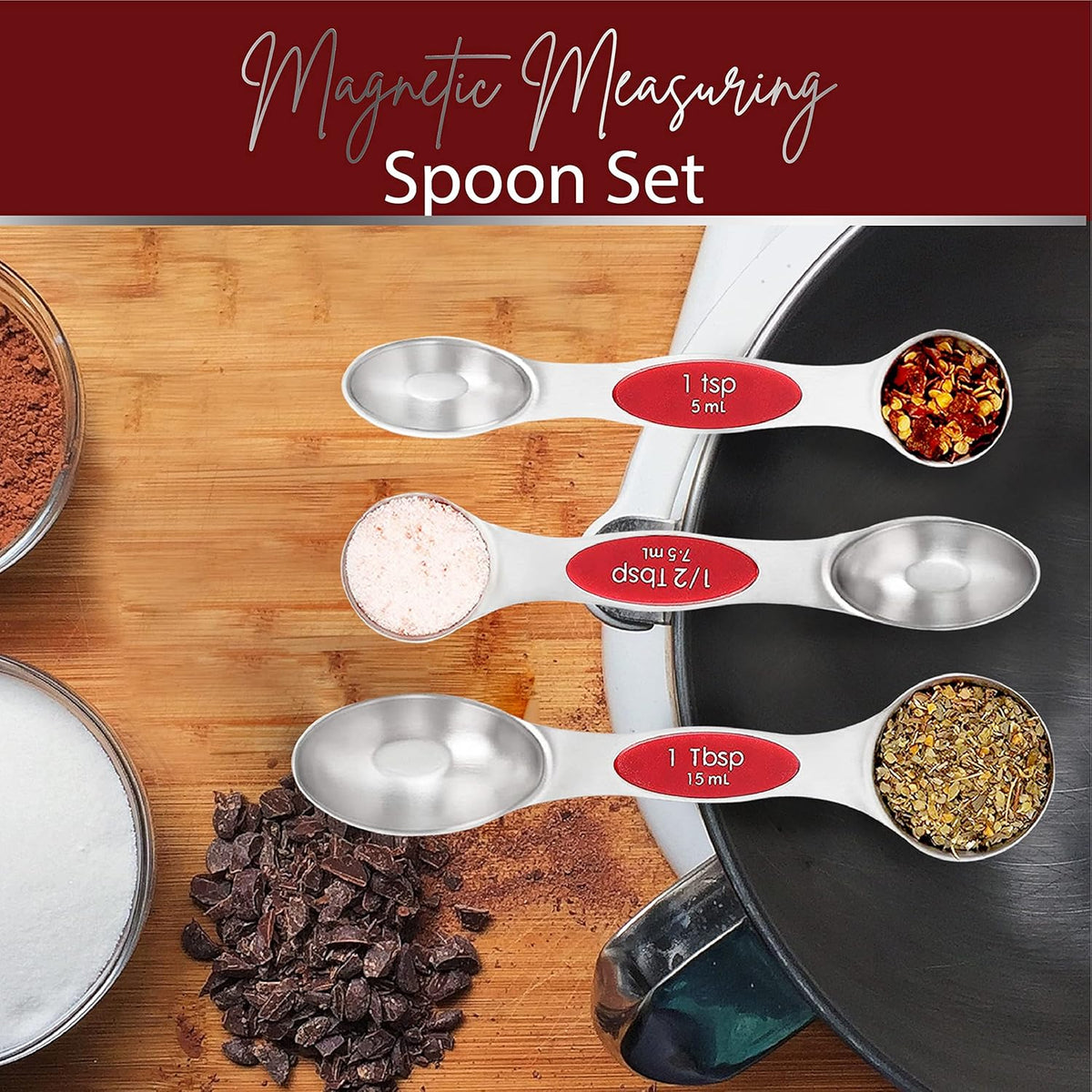 Stainless Steel Magnetic Measuring Spoons Set – 9 Pieces Dual-Sided Stackable Magnetic Teaspoons and Tablespoons for Dry & Liquid Ingredients – Kitchen Gadgets for Baking & Cooking – Black