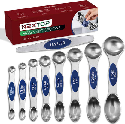 Stainless Steel Magnetic Measuring Spoons Set – 9 Pieces Dual-Sided Stackable Magnetic Teaspoons and Tablespoons for Dry & Liquid Ingredients – Kitchen Gadgets for Baking & Cooking – Black