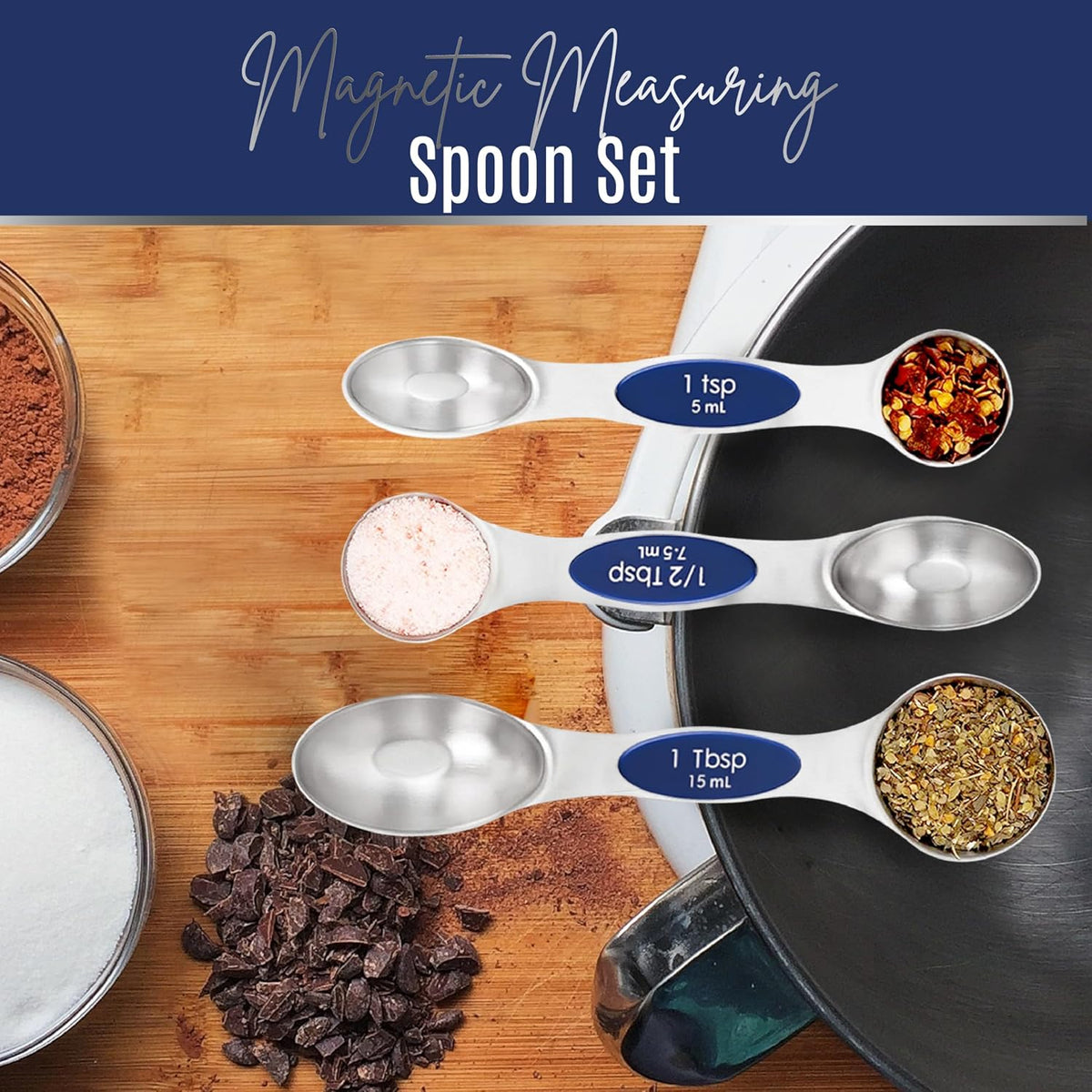 Stainless Steel Magnetic Measuring Spoons Set – 9 Pieces Dual-Sided Stackable Magnetic Teaspoons and Tablespoons for Dry & Liquid Ingredients – Kitchen Gadgets for Baking & Cooking – Black