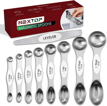 Stainless Steel Magnetic Measuring Spoons Set – 9 Pieces Dual-Sided Stackable Magnetic Teaspoons and Tablespoons for Dry & Liquid Ingredients – Kitchen Gadgets for Baking & Cooking – Black