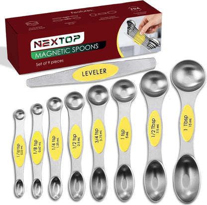 Stainless Steel Magnetic Measuring Spoons Set – 9 Pieces Dual-Sided Stackable Magnetic Teaspoons and Tablespoons for Dry & Liquid Ingredients – Kitchen Gadgets for Baking & Cooking – Black