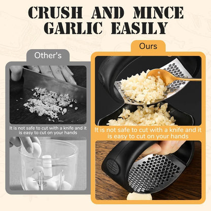 Garlic Press Rocker, 2026 New Portable Manual Stainless Steel Garlic Press Rocker Crusher Masher with Garlic Peeling Drum for Kitchen Utensils Garlic Crusher (Gray)