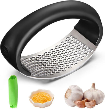 Garlic Press Rocker, 2026 New Portable Manual Stainless Steel Garlic Press Rocker Crusher Masher with Garlic Peeling Drum for Kitchen Utensils Garlic Crusher (Gray)