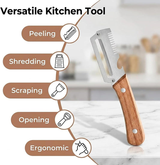 Vegetable Peeler for Kitchen – Multifunctional Stainless Steel Peeler with Wooden Handle & Bottle Opener, Durable for Fruits and Vegetables