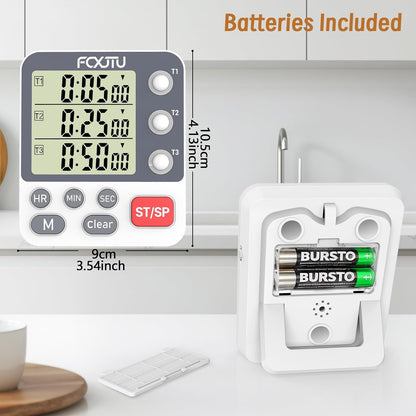 Digital Dual Kitchen Timer, 3-Channel Magnetic Countdown Timer for Cooking