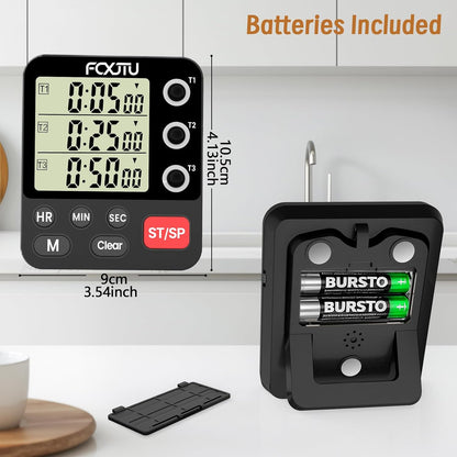 Digital Dual Kitchen Timer, 3-Channel Magnetic Countdown Timer for Cooking