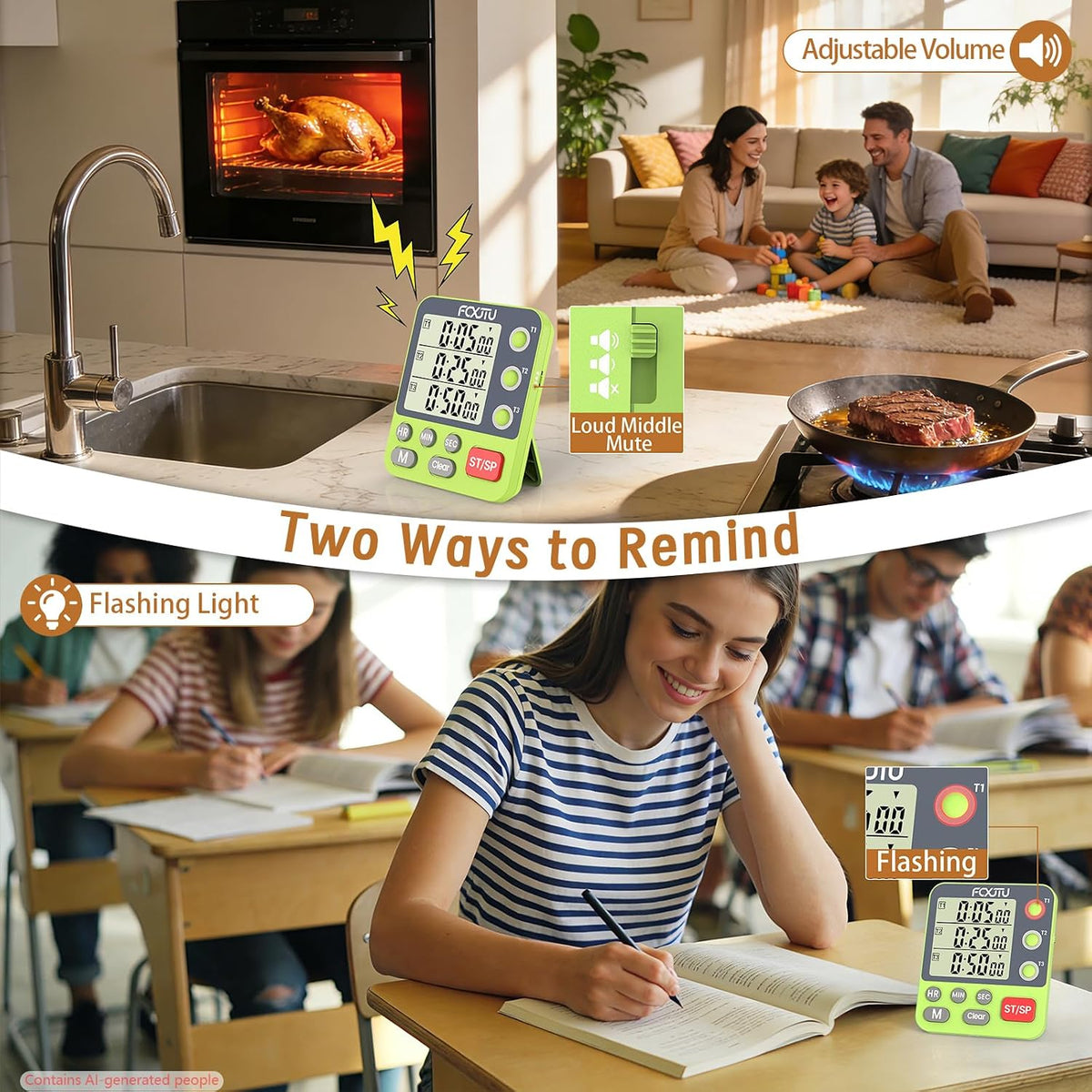 Digital Dual Kitchen Timer, 3-Channel Magnetic Countdown Timer for Cooking
