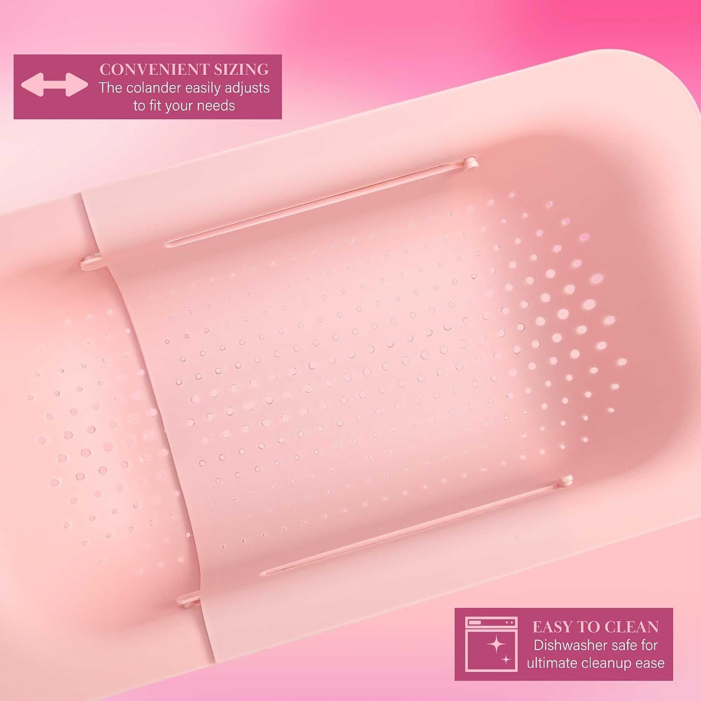 Paris Hilton Over the Sink Expandable Colander, Extendable Strainer, Adjustable from 14.5 inches to 19.5 inches, Fits most kitchen sinks, Made without BPA, Pink