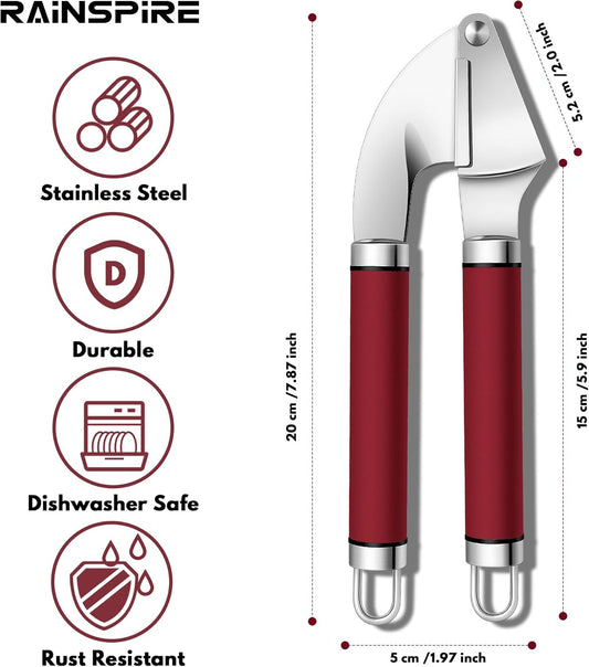 Premium Garlic Press Stainless Steel, Garlic Mincer Tool, Garlic Crusher Tool, Garlic Smasher Garlic Masher Includes Silicone Garlic Peeler & Cleaning Brush, Dishwasher Safe (Red)