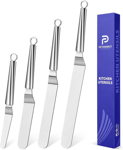 Metal Offset Icing Spatula for Cake Decorating Frosting, Set of 4 | Angled Baking Making Supplies Tools Kit, Stainless Steel Handle, Off Set Pastry Bakery Scraper, 4, 6, 8 & 10 Inch Blades