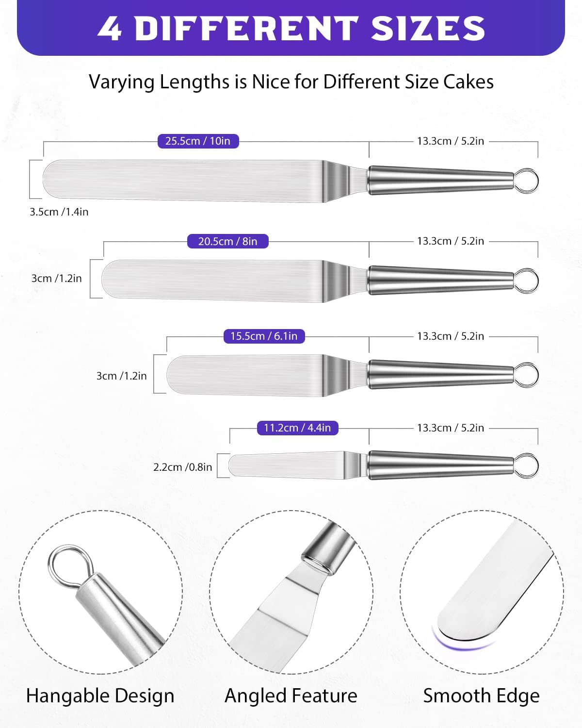 Metal Offset Icing Spatula for Cake Decorating Frosting, Set of 4 | Angled Baking Making Supplies Tools Kit, Stainless Steel Handle, Off Set Pastry Bakery Scraper, 4, 6, 8 & 10 Inch Blades