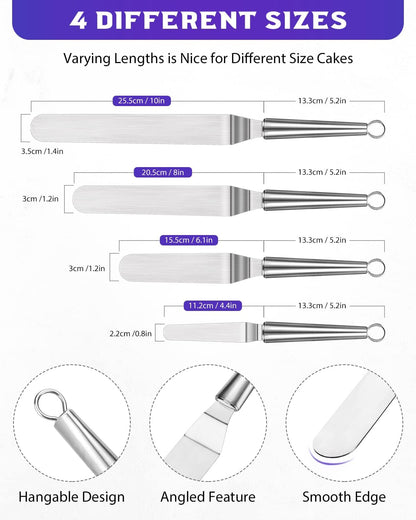 Metal Offset Icing Spatula for Cake Decorating Frosting, Set of 4 | Angled Baking Making Supplies Tools Kit, Stainless Steel Handle, Off Set Pastry Bakery Scraper, 4, 6, 8 & 10 Inch Blades