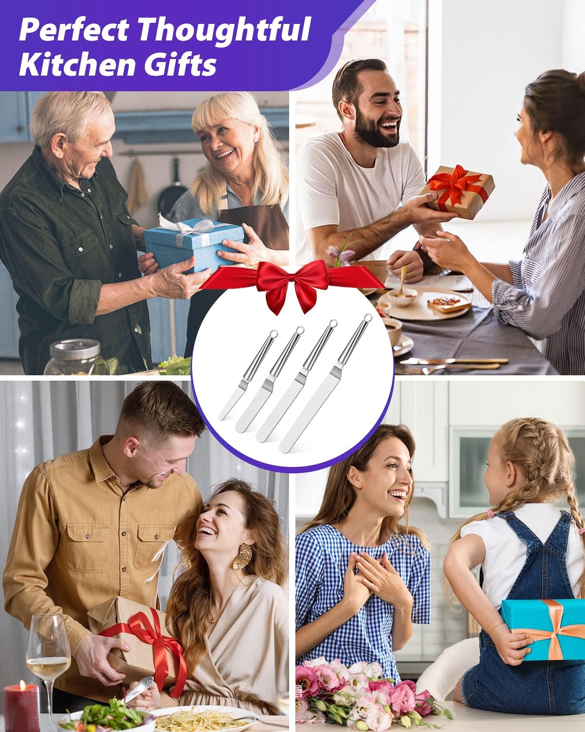 Metal Offset Icing Spatula for Cake Decorating Frosting, Set of 4 | Angled Baking Making Supplies Tools Kit, Stainless Steel Handle, Off Set Pastry Bakery Scraper, 4, 6, 8 & 10 Inch Blades