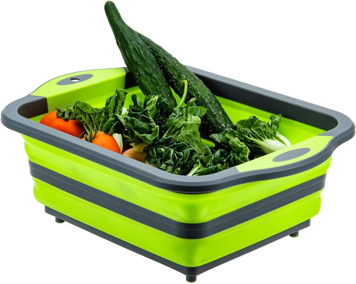 Collapsible Cutting Board with Colander, Foldable Multi-function Kitchen Plastic Silicone Dish Tub, Fruits Vegetables Wash and Drain Sink Storage Basket (Green)