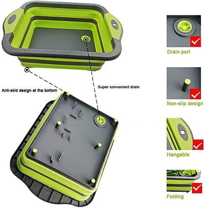 Collapsible Cutting Board with Colander, Foldable Multi-function Kitchen Plastic Silicone Dish Tub, Fruits Vegetables Wash and Drain Sink Storage Basket (Green)