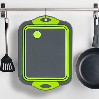 Collapsible Cutting Board with Colander, Foldable Multi-function Kitchen Plastic Silicone Dish Tub, Fruits Vegetables Wash and Drain Sink Storage Basket (Green)