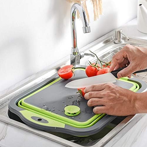 Collapsible Cutting Board with Colander, Foldable Multi-function Kitchen Plastic Silicone Dish Tub, Fruits Vegetables Wash and Drain Sink Storage Basket (Green)