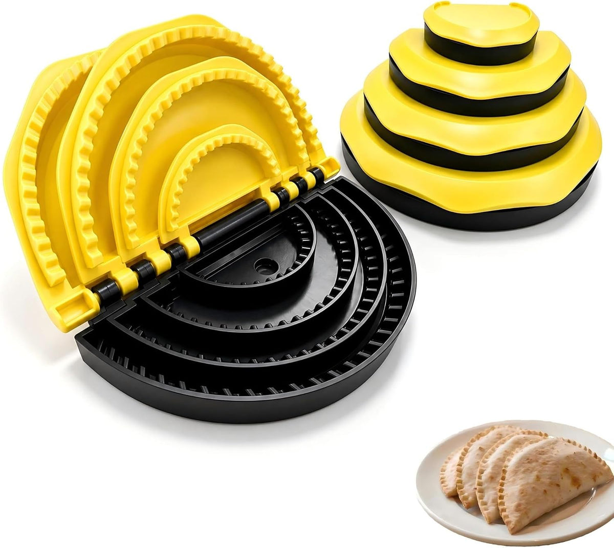 4-Size Nesting Tortilla Sealer Crimper for Flour Tortillas | BPA-Free PP, Microwave & Dishwasher Safe, 25mm Eject Hole, 4/6/8/10 Inch Sizes, Stackable Storage, for Quesadillas Burritos