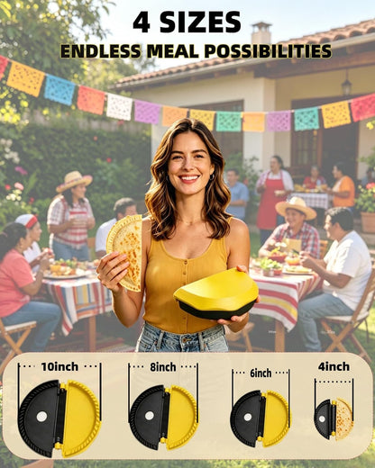 4-Size Nesting Tortilla Sealer Crimper for Flour Tortillas | BPA-Free PP, Microwave & Dishwasher Safe, 25mm Eject Hole, 4/6/8/10 Inch Sizes, Stackable Storage, for Quesadillas Burritos