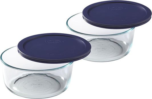 7203 7-Cup Glass Bowls and 7402-PC Blue Lids (2-Pack) - Made in USA | BPA-Free Plastic | Secure Seal | Non-Porous Material | Stackable Design | Refrigerator Safe