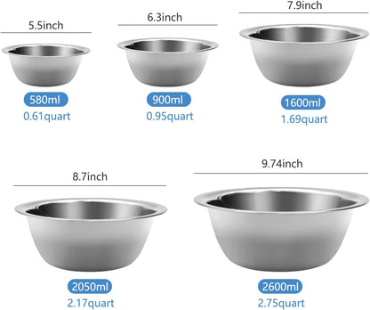 Mixing Bowl Set of 5, Stainless Steel Mixing Bowls, Nesting Whisking Bowl Set for Cooking, Baking, Serving, Food/Salad Prep