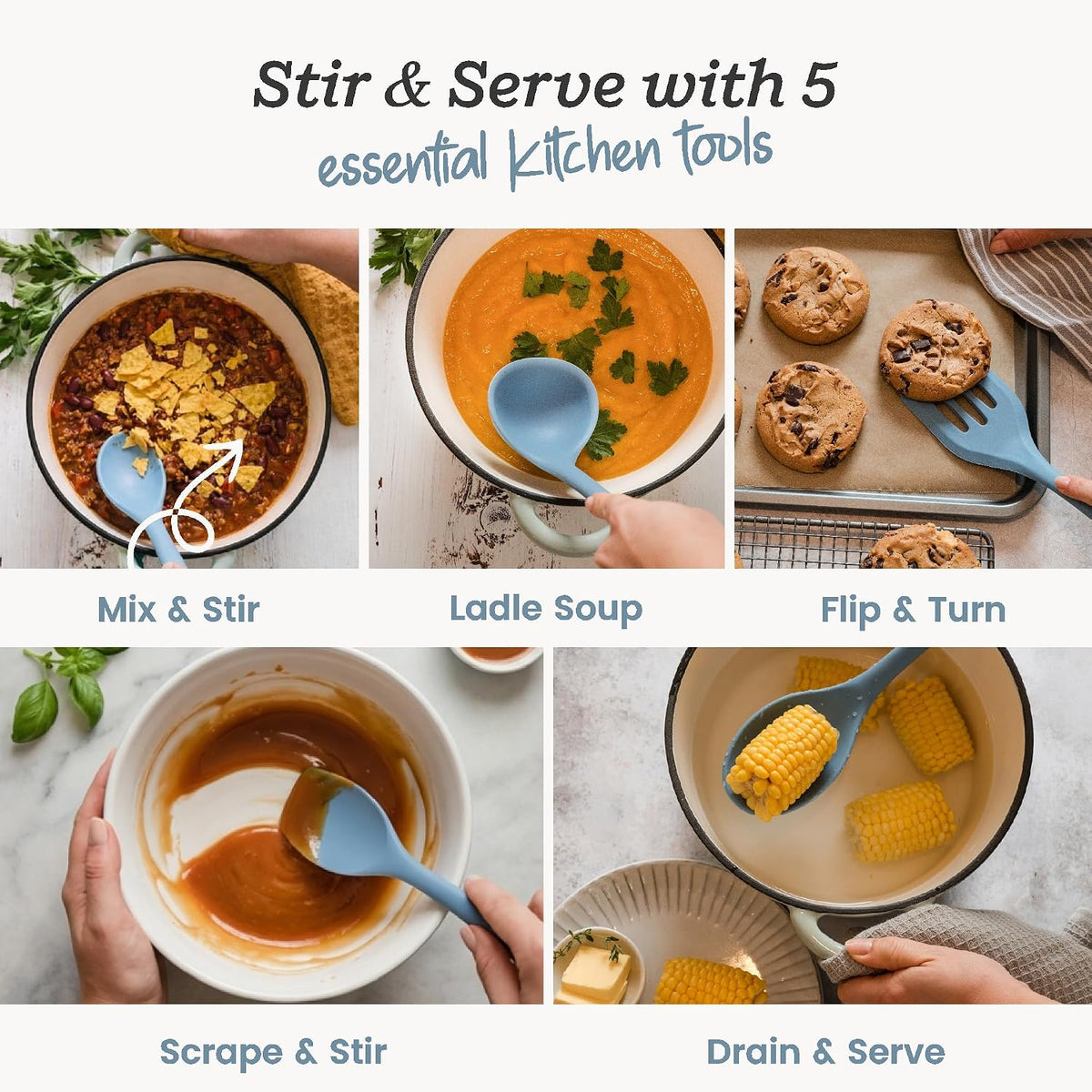 Starpack Stir and Serve Silicone Cooking Utensils Set (5-Piece, 11") - LFGB Non Toxic, 600°F Heat Resistant, BPA-Free - One-Piece Seamless, Dishwasher Safe - for Nonstick Cookware, Earthy Pink
