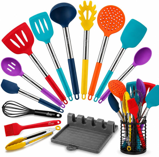 446°F Heat Resistant Silicone Kitchen Utensils, Cooking Utensil Set, Spatula Set, BPA Free, Kitchen Gadgets, Utensils Holder, Dishwasher Safe, 14pcs Multicolor